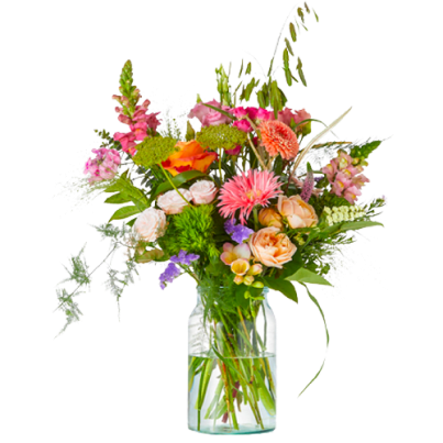Colorful bouquet of mixed flowers in a glass vase on a white background