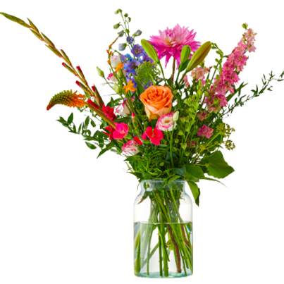 Colorful mixed flower bouquet in a clear glass jar vase with roses, pinks, oranges, and greenery.