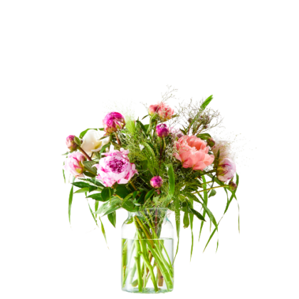 Bouquet of pink and white flowers in a clear glass vase with green stems showing