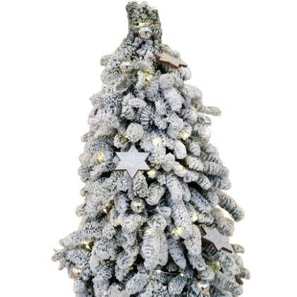 Snowy Christmas tree with warm white lights and silver star ornaments on a black background.