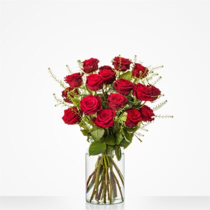 Bouquet of red roses arranged in a clear glass vase on a white background.