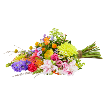 Colorful bouquet of mixed flowers—yellow dahlias, pink lilies, roses, and purple lisianthus—tied with twine.