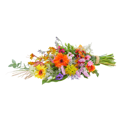 Colorful bouquet of mixed flowers with orange gerbera, yellow blooms, pink and purple accents, tied with twine.