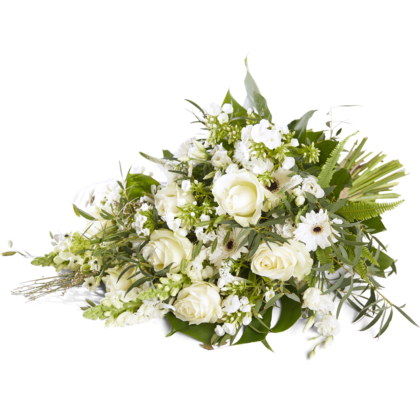 White bouquet of roses, daisies and greenery arranged in a lush floral cluster.