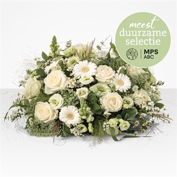 Bouquet of white roses and white daisies with greenery on a white background, featuring a green 'meest duurzame selectie' badge.