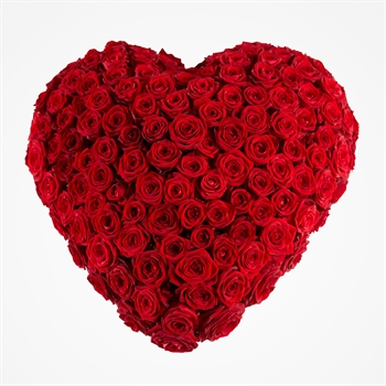 Heart-shaped bouquet of red roses on a white background, symbolizing love and romance.