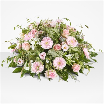 Pastel pink flower arrangement with roses, gerbera daisies, white filler flowers, and greenery against a white background.