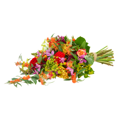 Colorful bouquet of roses, lilies and assorted flowers tied with twine on a black background.