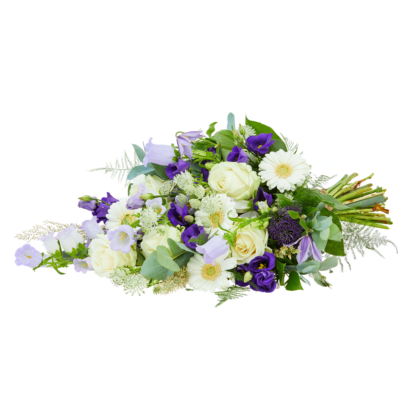 Bouquet of white roses, daisies, and purple flowers with greenery arranged horizontally.