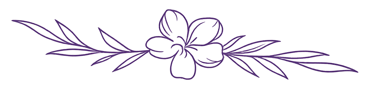Purple outline of a single stylized flower with surrounding leaves, spanning horizontally across a soft pink glow on a gray gradient background (decorative floral graphic).