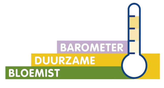 Logo featuring three stacked colored bars labeled BLOEMIST, DUURZAME, BAROMETER with a blue-outlined thermometer on the right, suggesting sustainability in floristry