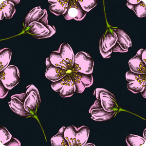 Decorative floral pattern with pink blossoms and green stems on a dark background