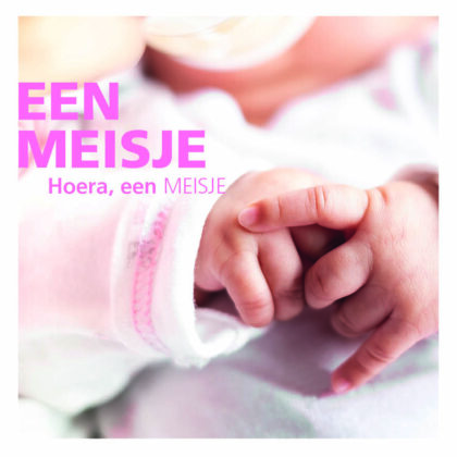 Close-up of a newborn's tiny hand resting on a soft blanket with pink text announcing a baby girl.