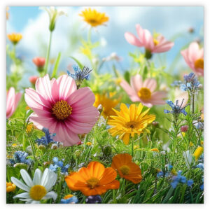 Bright field of mixed wildflowers in bloom under a blue sky in sunshine.