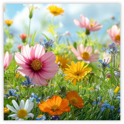 Bright field of mixed wildflowers in bloom under a blue sky in sunshine.