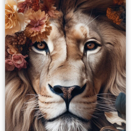 Close-up of a lion's face framed by pink, peach, and cream flowers with the Dutch greeting 'veel liefs en een DIKKE KUS'.